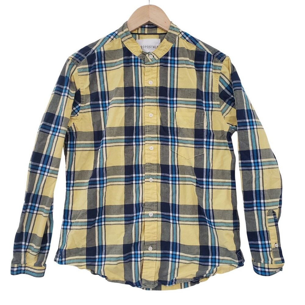 Aeropostale Mens Yellow Blue Plaid Long Sleeve ButtonDown Shirt Size M‎ Casual